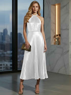 Luxurious Champagne Gold Pleated Halter Midi Prom Dress