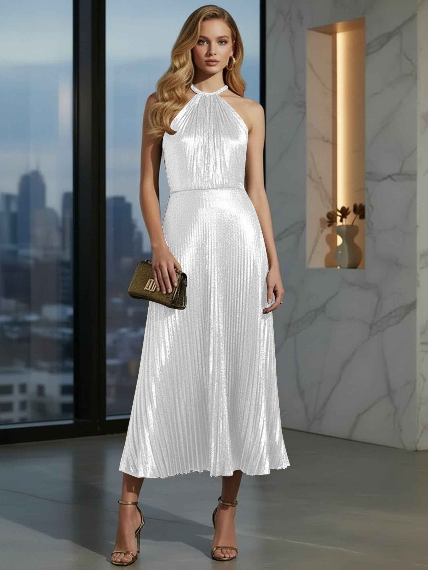 Luxurious Champagne Gold Pleated Halter Midi Prom Dress