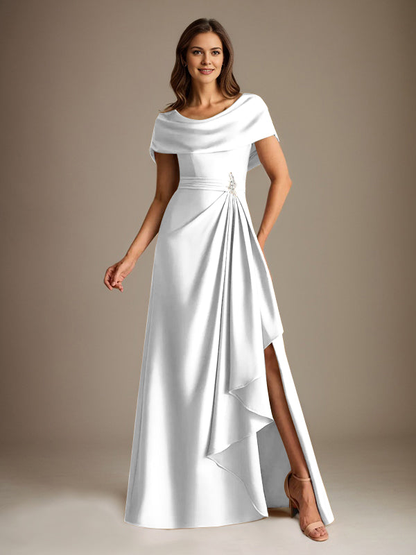 Robe de mère de la mariée en satin extensible, longueur au sol, coupe en A avec encolure dégagée et volants en cascade