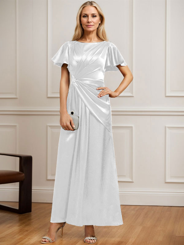 Robe de mère de la mariée en satin extensible, longueur cheville, en ligne A, décolleté arrondi, ornée de perles plissées
