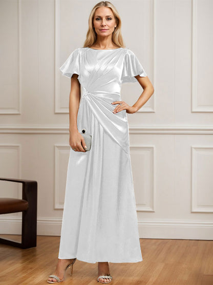 Vestido de madre de la novia de satén elástico con escote redondo y largo hasta los tobillos, con plisado y cuentas 