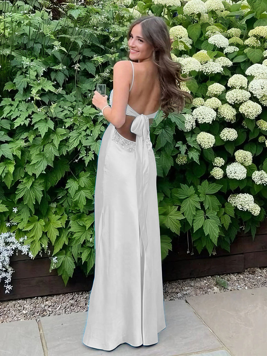 Blue A Line V Neck Beaded Back Tie Long Prom Dress