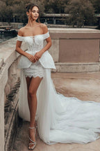 White 2 In 1 Wedding Dress Off Shoulder Illusion Corset With Detachable Train