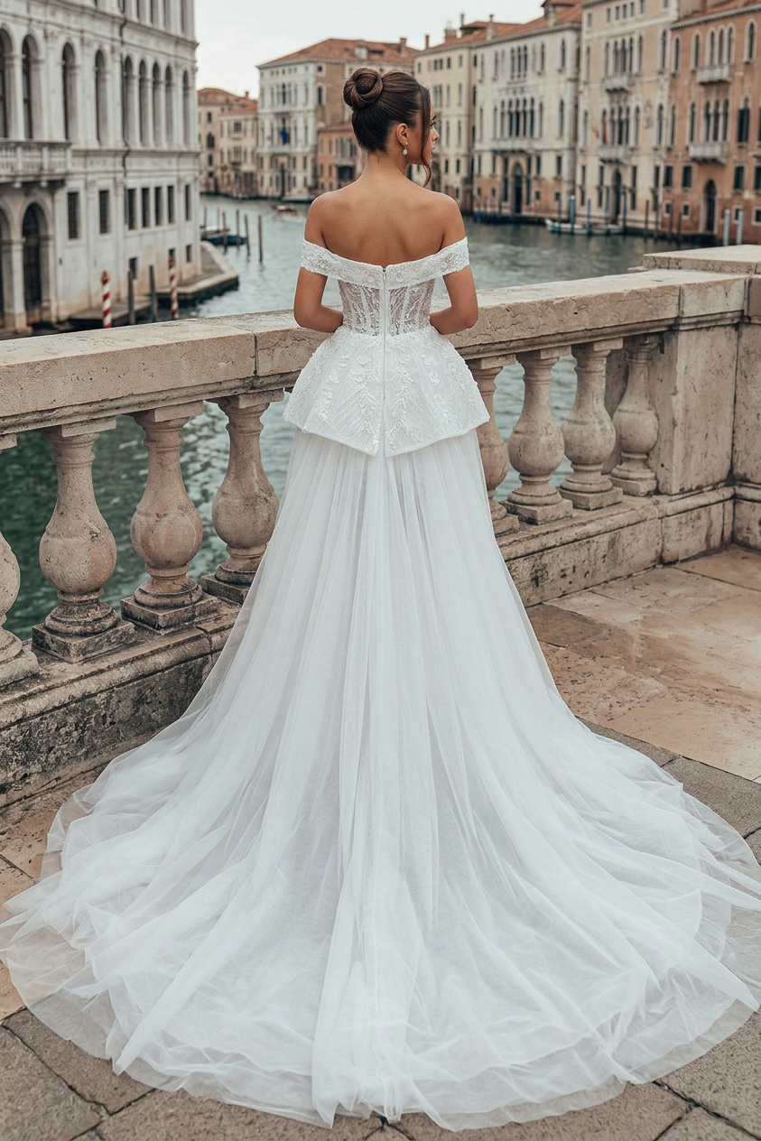 White 2 In 1 Wedding Dress Off Shoulder Illusion Corset With Detachable Train