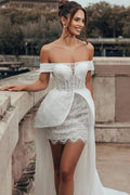 White 2 In 1 Wedding Dress Off Shoulder Illusion Corset With Detachable Train