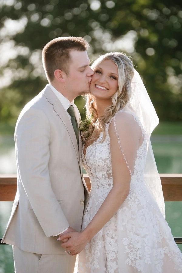 White 3D Floral Lace A Line Wedding Dress With Open Back Cathedral Train