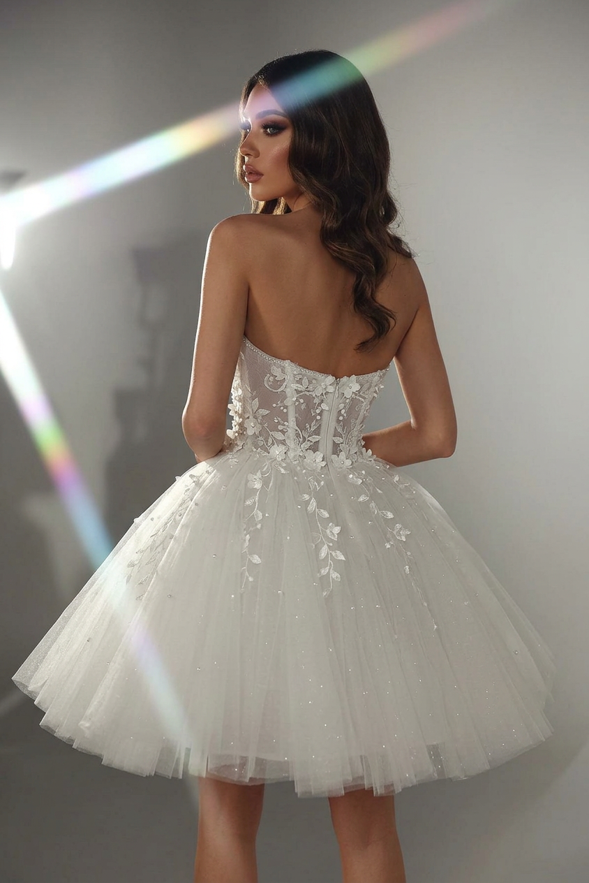 White 3D Floral Lace Corset Short Strapless Glitter Tulle Gown Wedding Dress