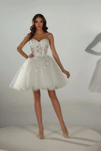 White 3D Floral Lace Corset Short Strapless Glitter Tulle Gown Wedding Dress