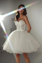 White 3D Floral Lace Corset Short Strapless Glitter Tulle Gown Wedding Dress