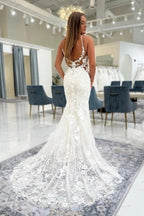 White 3D Floral Lace Mermaid Wedding Dress With Deep V Neck Spaghetti Straps