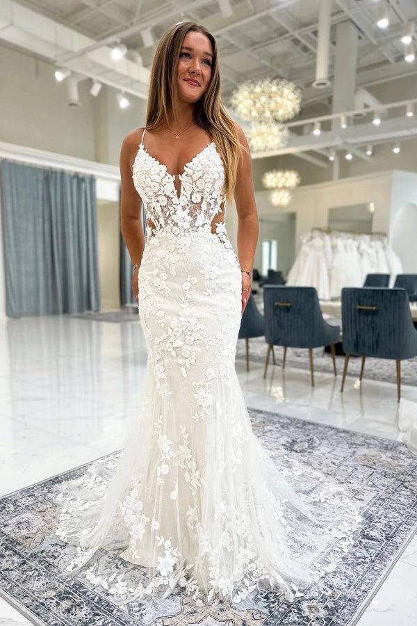 White 3D Floral Lace Mermaid Wedding Dress With Deep V Neck Spaghetti Straps