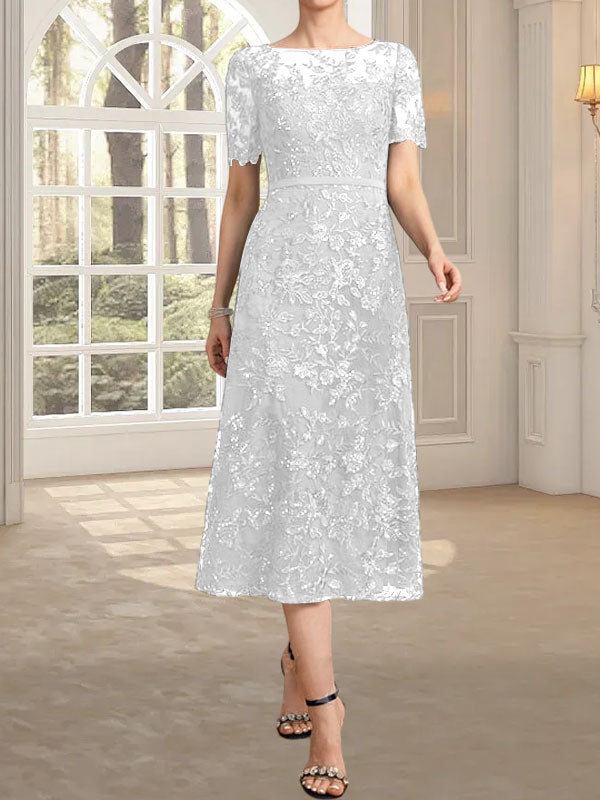 A-Linie, U-Ausschnitt, Illusion, knielang, Spitze, Kleid für die Brautmutter mit Pailletten