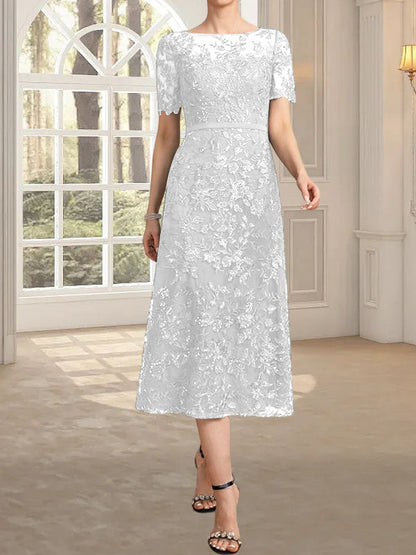A-Linie, U-Ausschnitt, Illusion, knielang, Spitze, Kleid für die Brautmutter mit Pailletten