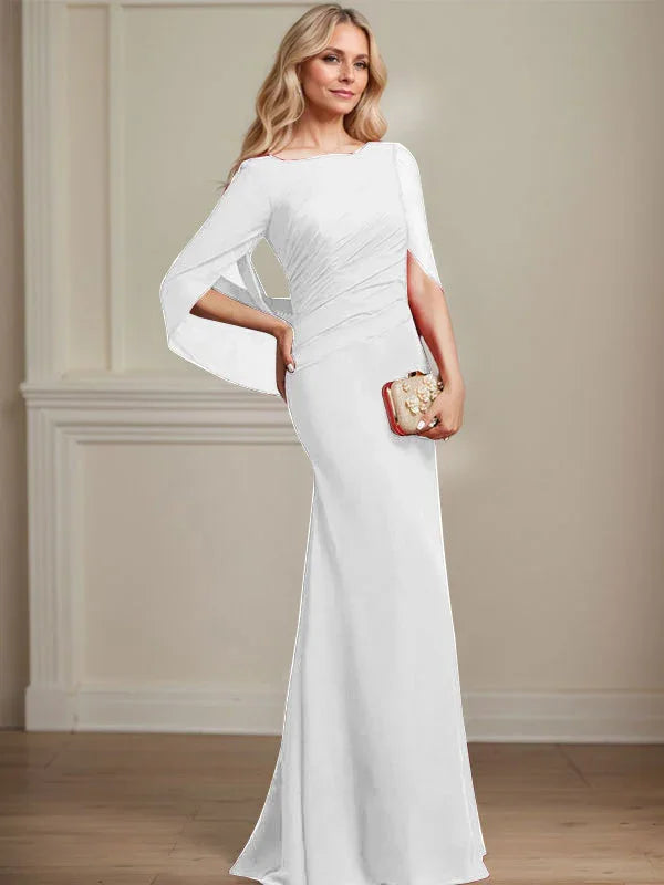 Vestido de madrina de novia de gasa con cuello barco estilo trompeta/cola de sirena y largo hasta el suelo con pliegues