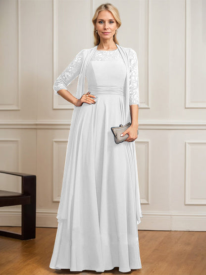 A-Linie U-Ausschnitt Illusion Bodenlang Spitze Chiffon Mutter der Braut Kleid Mit Plissee 