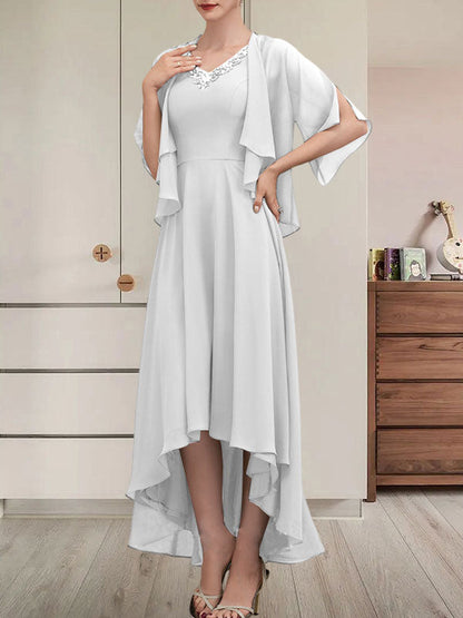Vestido de gasa asimétrico para madre de la novia con escote en V, corte A y lentejuelas con abalorios
