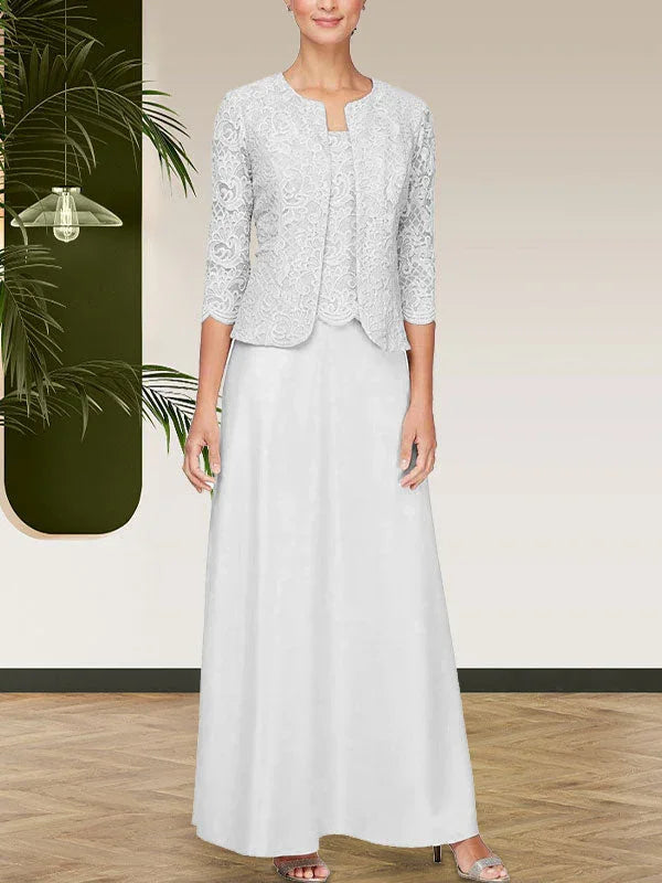 فستان مع جاكيت تنورة من الدانتيل اللامع والساتان مع جاكيت مفتوح