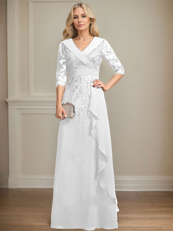 Robe de mère de la mariée en mousseline de soie à col en V, longueur au sol, ligne A, avec dentelle, paillettes et volants en cascade