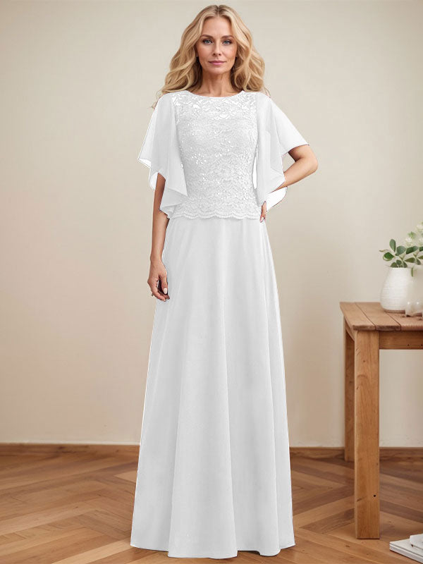 A-Linie, U-Ausschnitt, Illusion, bodenlanges Spitzen-Chiffon-Kleid für die Brautmutter mit Pailletten 