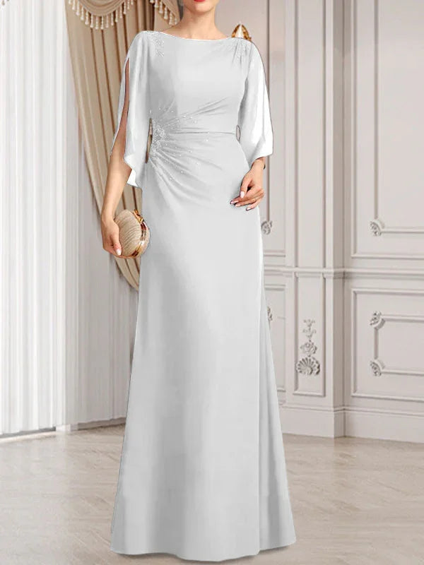 Vestido de madrina de novia de gasa largo hasta el suelo con corte columna y fajín plisado con cuentas