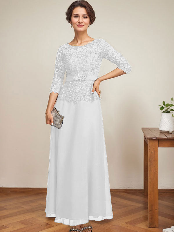 Robe de mère de la mariée en dentelle en mousseline, longueur cheville, coupe trapèze, décolleté illusion en forme de goutte, ornée de perles en strass