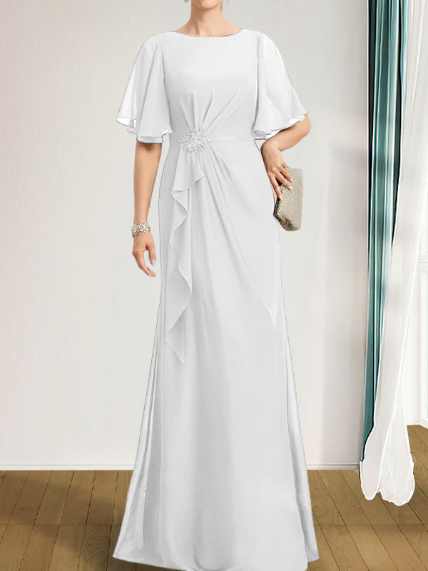 Robe de mère de la mariée en mousseline longueur au sol, en ligne A, décolleté arrondi, avec volants en cascade, perles et paillettes