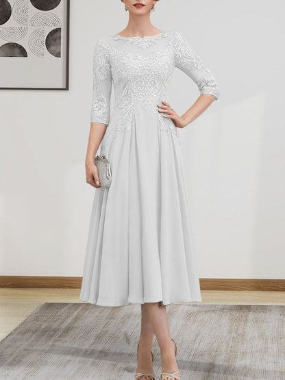A-Linie, U-Ausschnitt, Illusion, knielang, Chiffon, Spitze, Kleid für die Brautmutter mit Perlen und Pailletten