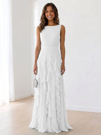 Sky Blue Tiered Chiffon Evening Maxi Dress With Ruched Bodice