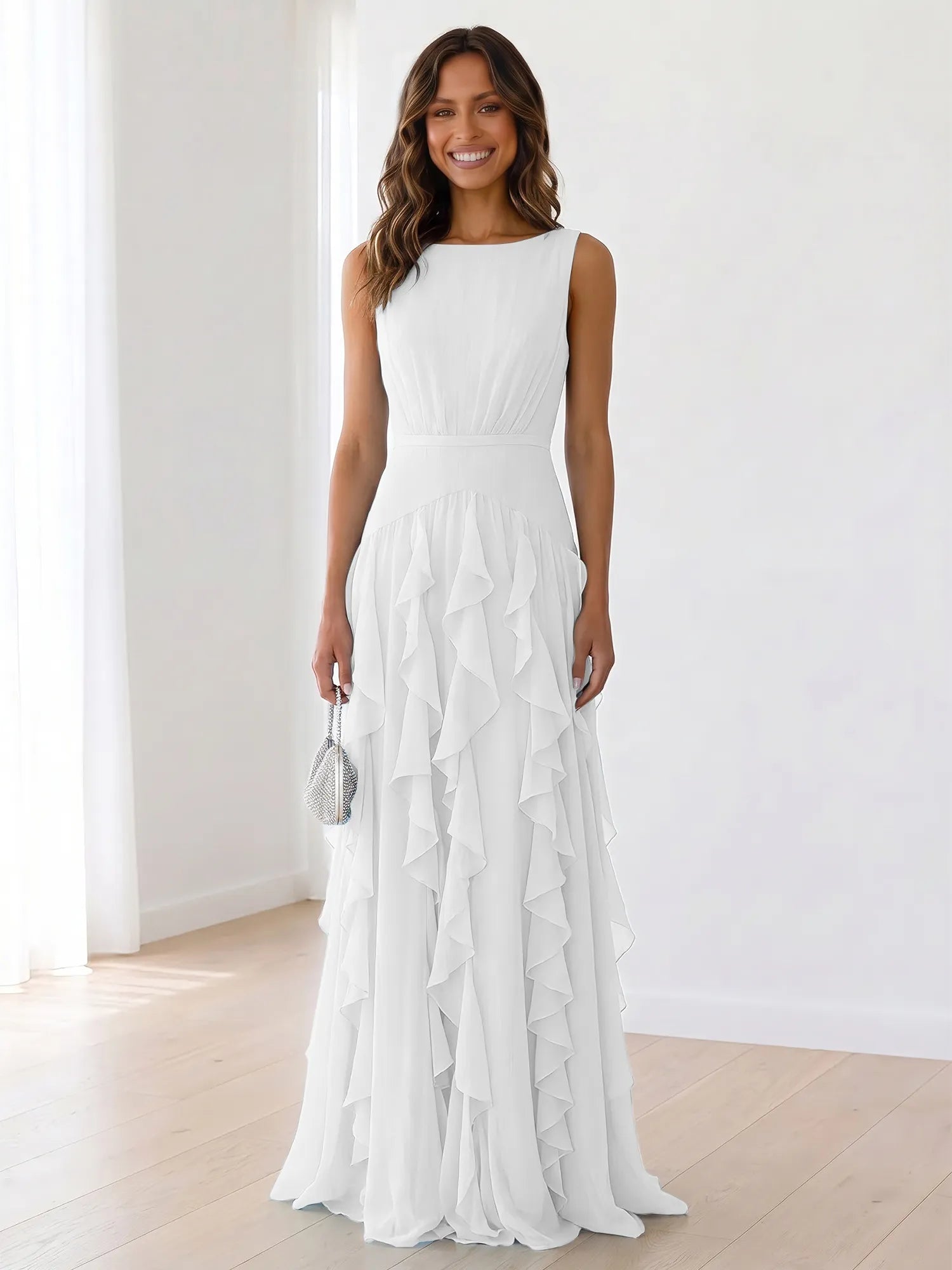 Sky Blue Tiered Chiffon Evening Maxi Dress With Ruched Bodice