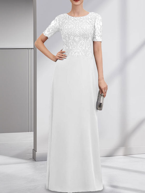 Robe de mère de la mariée en dentelle et mousseline, longueur au sol, en ligne A, décolleté en U, ornée de paillettes