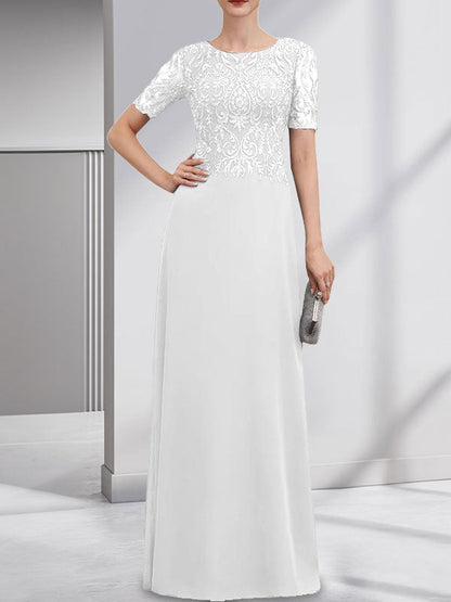 A-Linie U-Ausschnitt Bodenlang Spitzen-Chiffon-Kleid für die Brautmutter mit Pailletten
