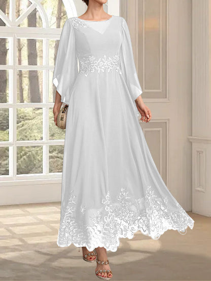 A-Linie, U-Ausschnitt, Illusion, knöchellang, Spitzen-Chiffon, Kleid für die Brautmutter mit Pailletten 