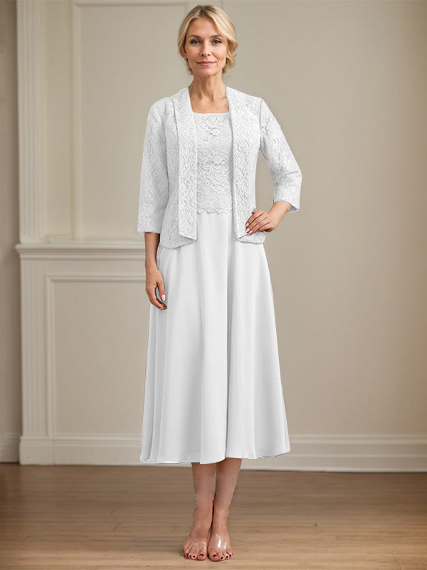 A-Linie U-Ausschnitt Wadenlang Chiffon-Kleid für die Brautmutter 