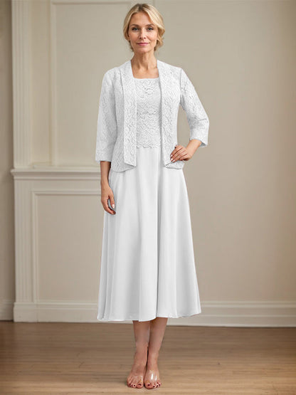 A-Linie U-Ausschnitt Wadenlang Chiffon-Kleid für die Brautmutter 