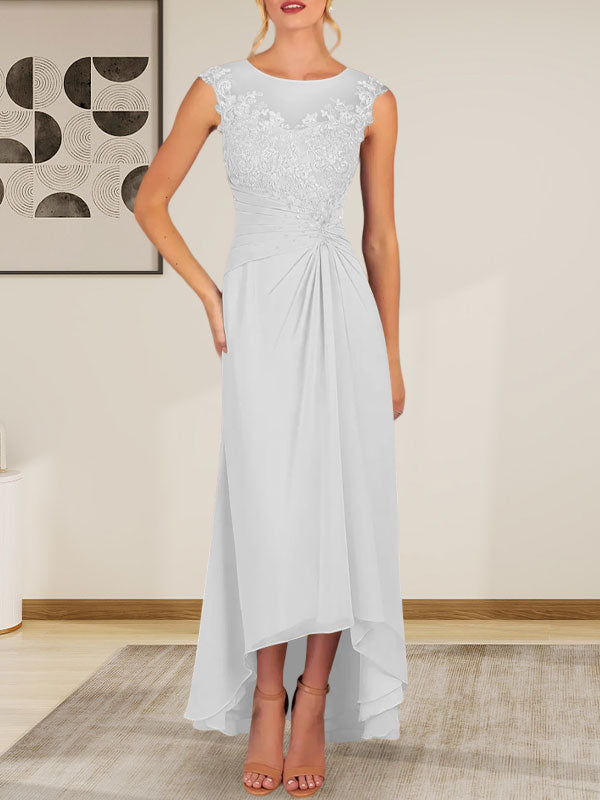 Champagne A-Line Scoop Lace Chiffon Dress