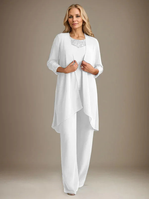 بدلة بنطلون الأم العروس بأكمام طويلة من الشيفون وياقة دائرية مع سترة