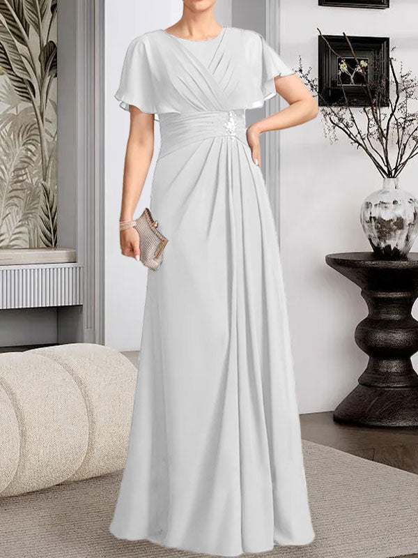 Robe de mère de la mariée en mousseline, longueur au sol, en ligne A, décolleté arrondi, ornée de perles plissées