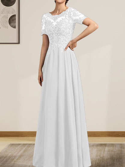 A-Linie U-Ausschnitt Illusion Bodenlang Chiffon Spitze Mutter der Braut Kleid mit Pailletten Perlen