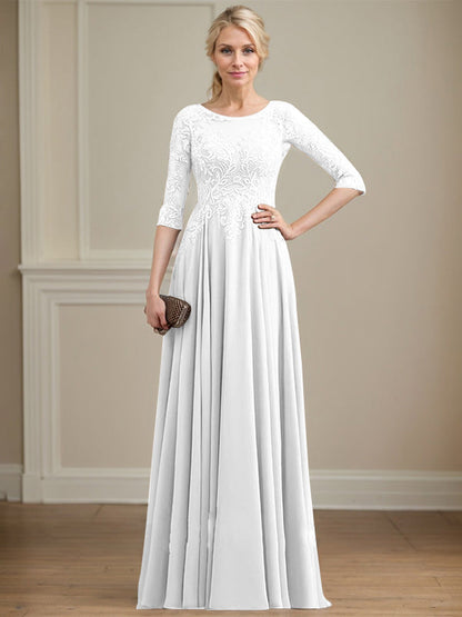A-Linie, U-Ausschnitt, Illusion, bodenlanges Spitzen-Chiffon-Kleid für die Brautmutter mit Pailletten 