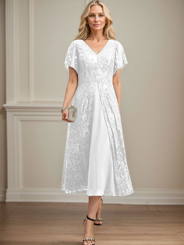 A-Linie V-Ausschnitt Wadenlanges Chiffon-Kleid für die Brautmutter 