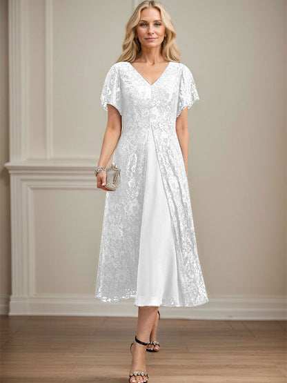 A-Linie V-Ausschnitt Wadenlanges Chiffon-Kleid für die Brautmutter 