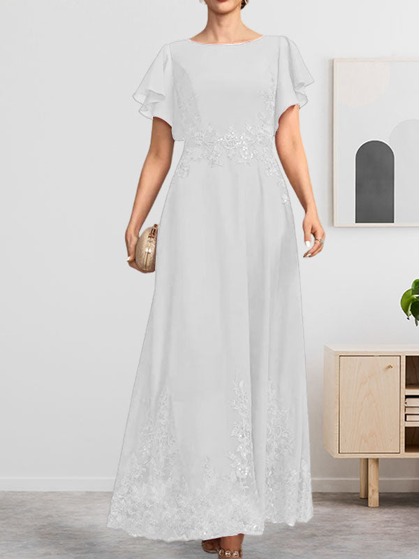 Robe de mère de la mariée en mousseline de soie à dentelle, longueur cheville, en forme trapèze avec décolleté arrondi et paillettes