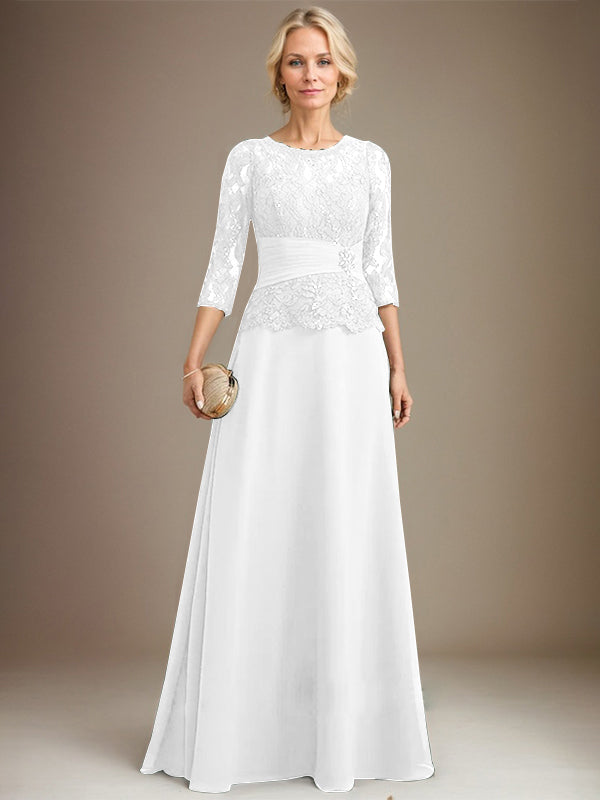 A-line Scoop Illusion Floor-Length Chiffon Lace Mother of the Bride Dress With Pleated Sequins Beading