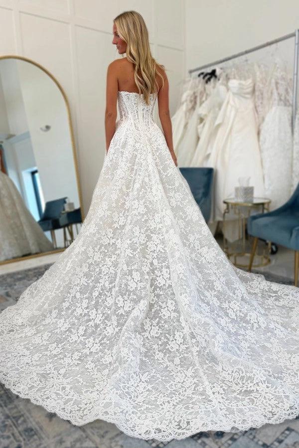 White A Line Strapless Wedding Dress Chantilly Corset Bodice Cathedral Train