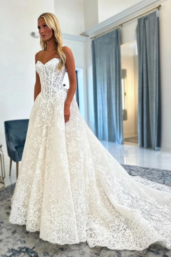 White A Line Strapless Wedding Dress Chantilly Corset Bodice Cathedral Train