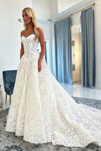 White A Line Strapless Wedding Dress Chantilly Corset Bodice Cathedral Train