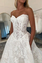 White A Line Strapless Wedding Dress Chantilly Corset Bodice Cathedral Train