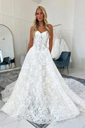 White A Line Strapless Wedding Dress Chantilly Corset Bodice Cathedral Train