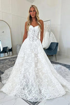 White A Line Strapless Wedding Dress Chantilly Corset Bodice Cathedral Train