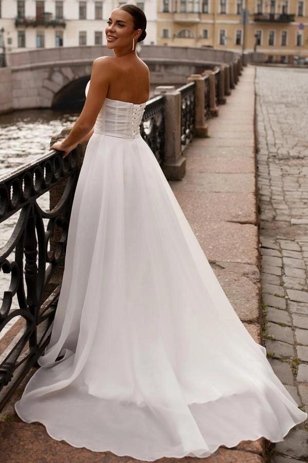 White A Line Strapless Sweetheart Wedding Dress With Ruched Corset Bodice Organza